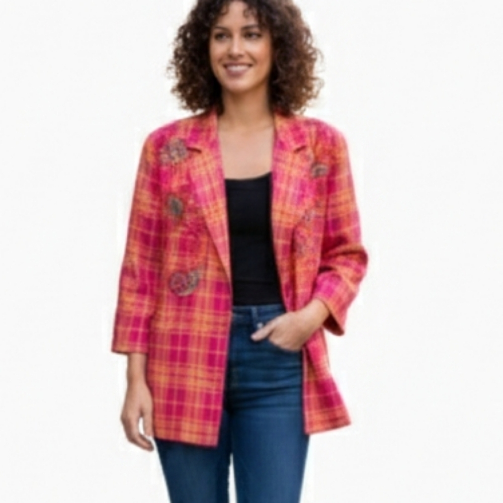 I.B. Diffusion Embroidered Plaid Blazer Jacket Size 10 Pink Orange Vintage 90s